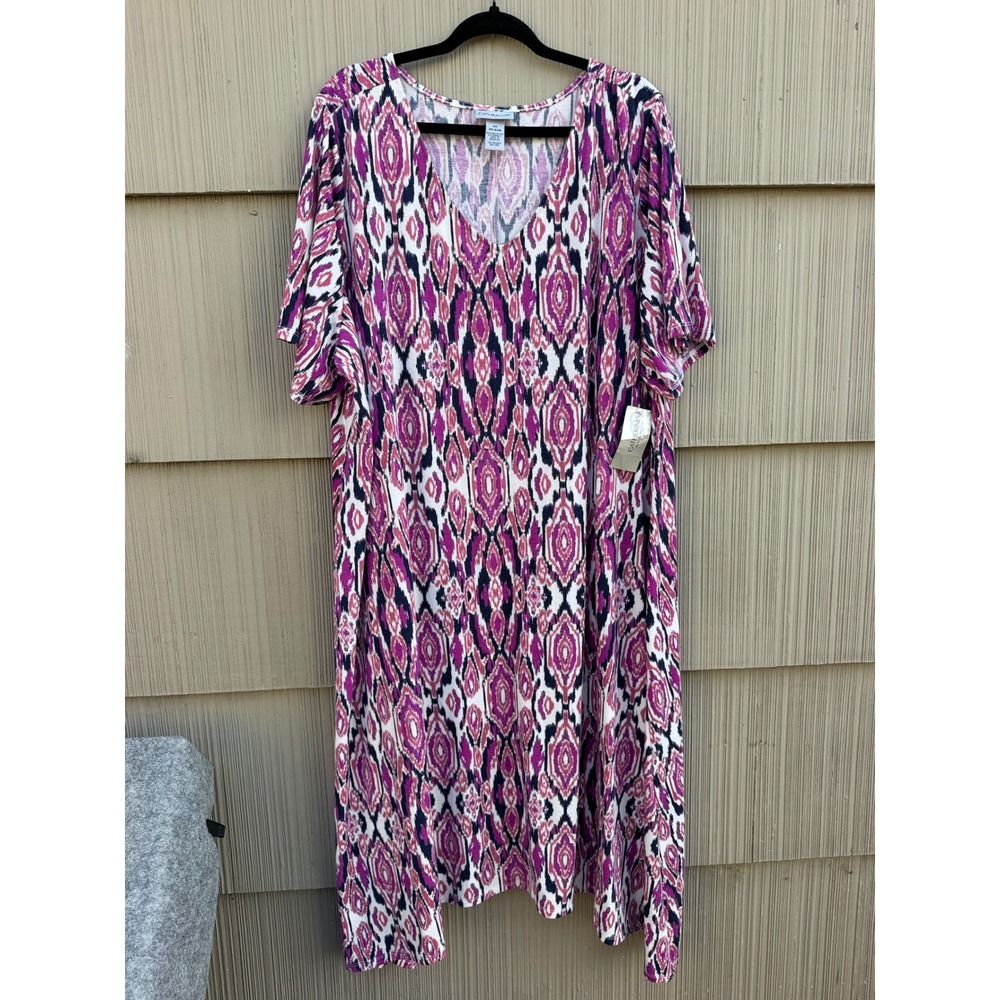Catherines Womens 4X 30/32W Purple Geometric Ikat V-Neck Short Sleeve Midi Dress